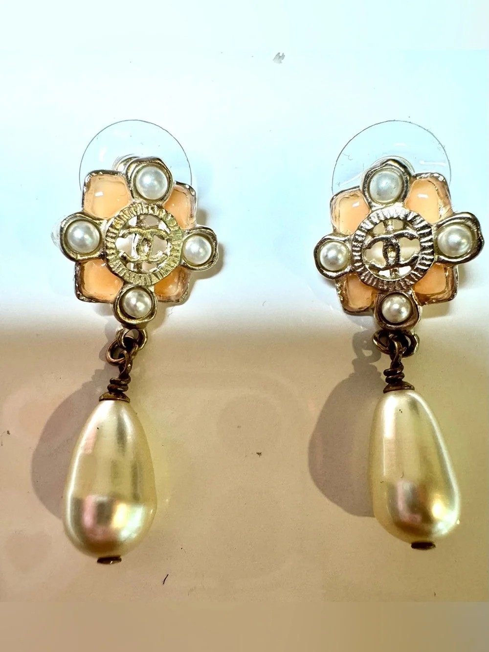 Chanel CC Logo Pale Pink Peach Resin and Fantasy Pearl Drop Earrings W Box